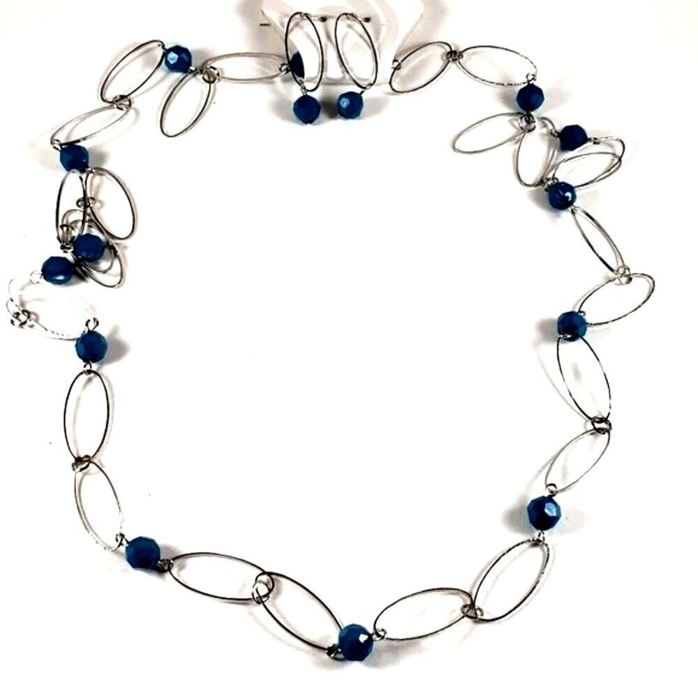 🌊 Silver-Tone Hoop Necklace & Turquoise Beaded Jewelry Set – Matching Earrings